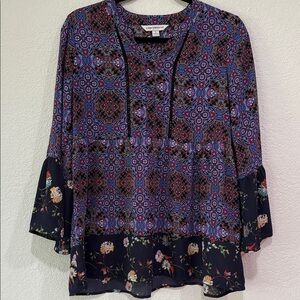 Counterparts Blue and Black Floral Blouse Boho Top